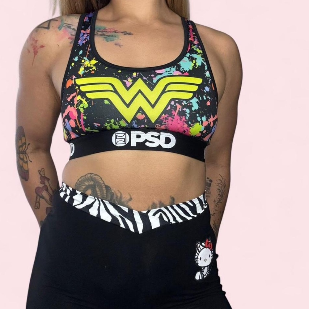 PSD Wonder Splash Sports Bra - Black with Neon Yellow & Multicolor Splatter